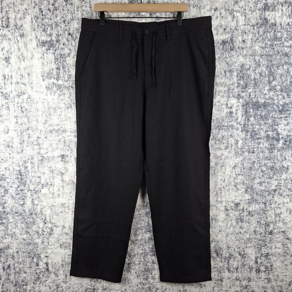 WILLIT Pants Men Size 36x27.5 Black Linen Cotton Drawstring Casual Beach Trouser